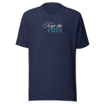Front view of 'Keep the Faith' navy T-shirt on a flat surface