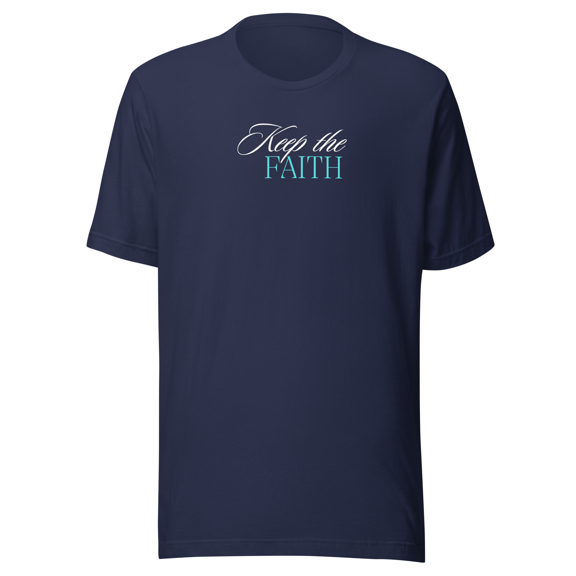 Front view of 'Keep the Faith' navy T-shirt on a flat surface