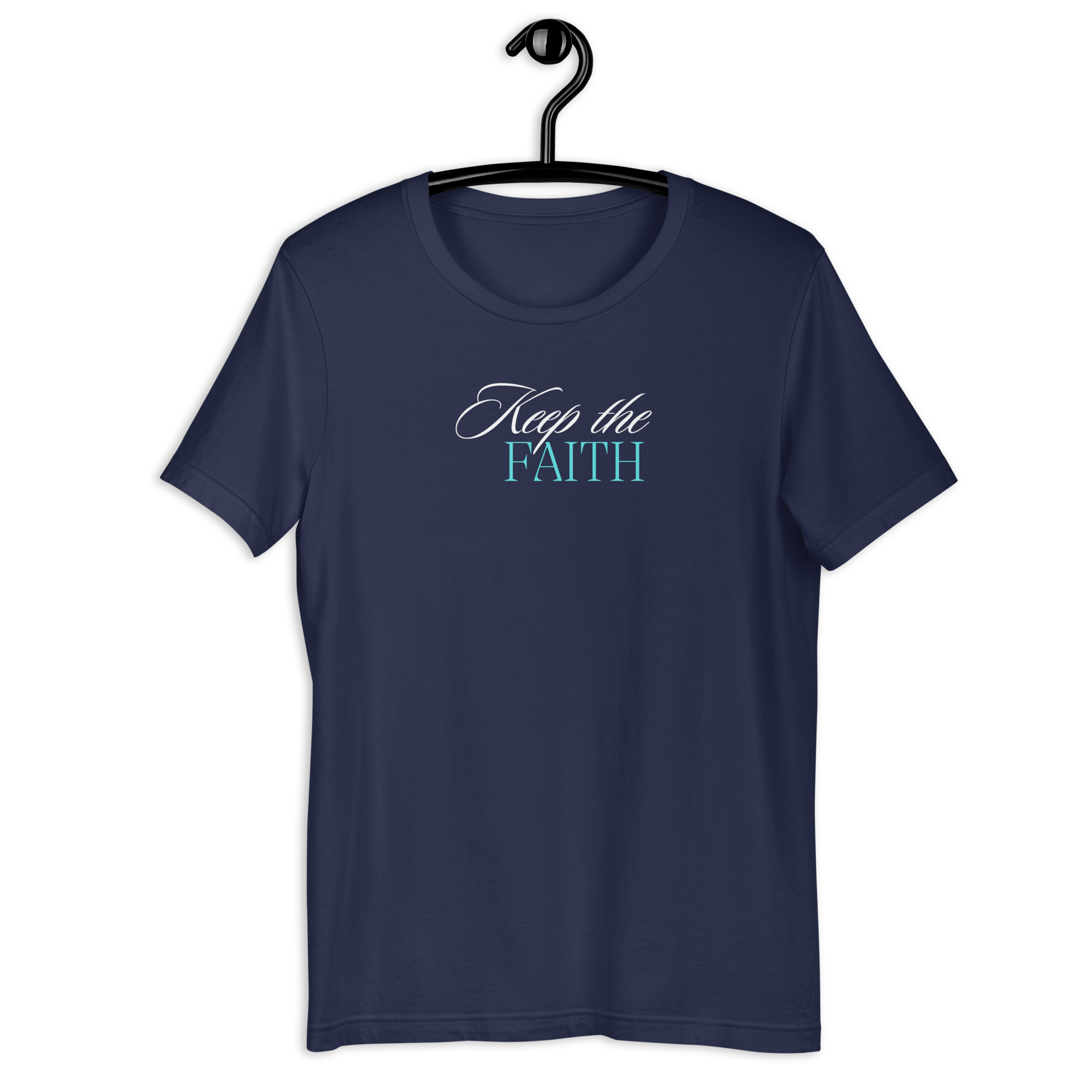 Front view of 'Keep the Faith' T-shirt hanging on a wooden hanger.