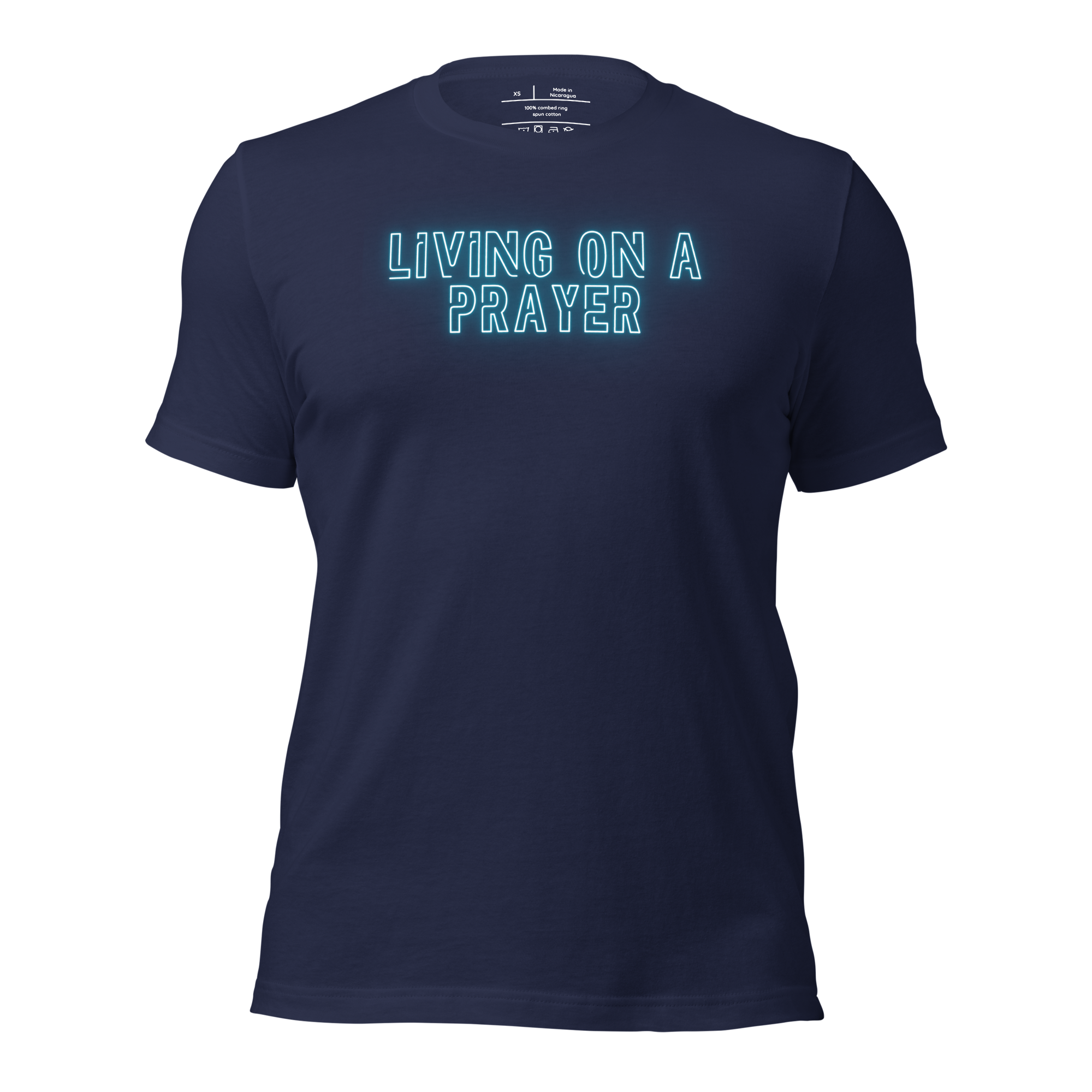 3D mockup of 'Living on a Prayer' T-shirt, featuring neon text on navy fabric.