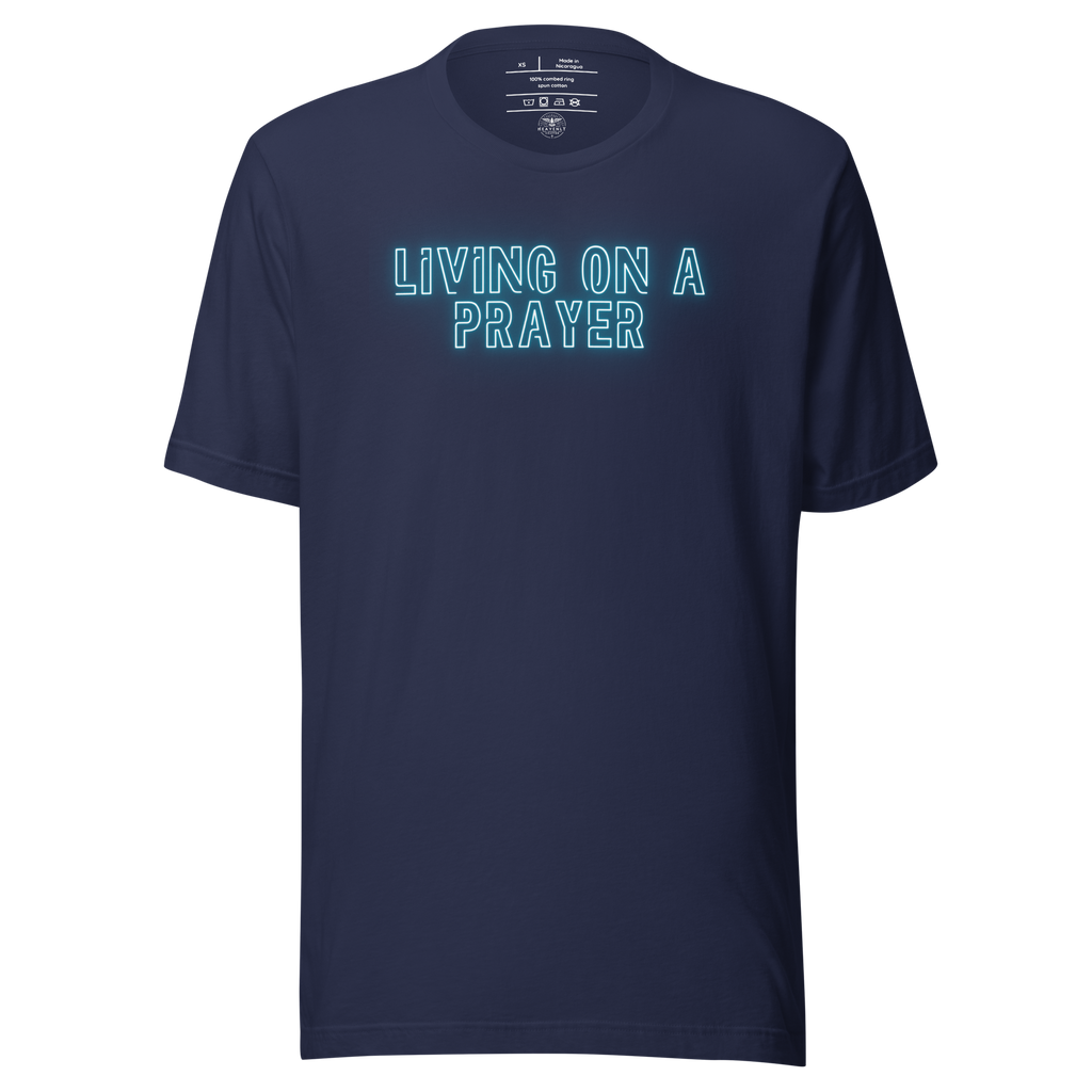 Main display mockup of 'Living on a Prayer' neon T-shirt in a shop setting, highlighted under soft lighting.