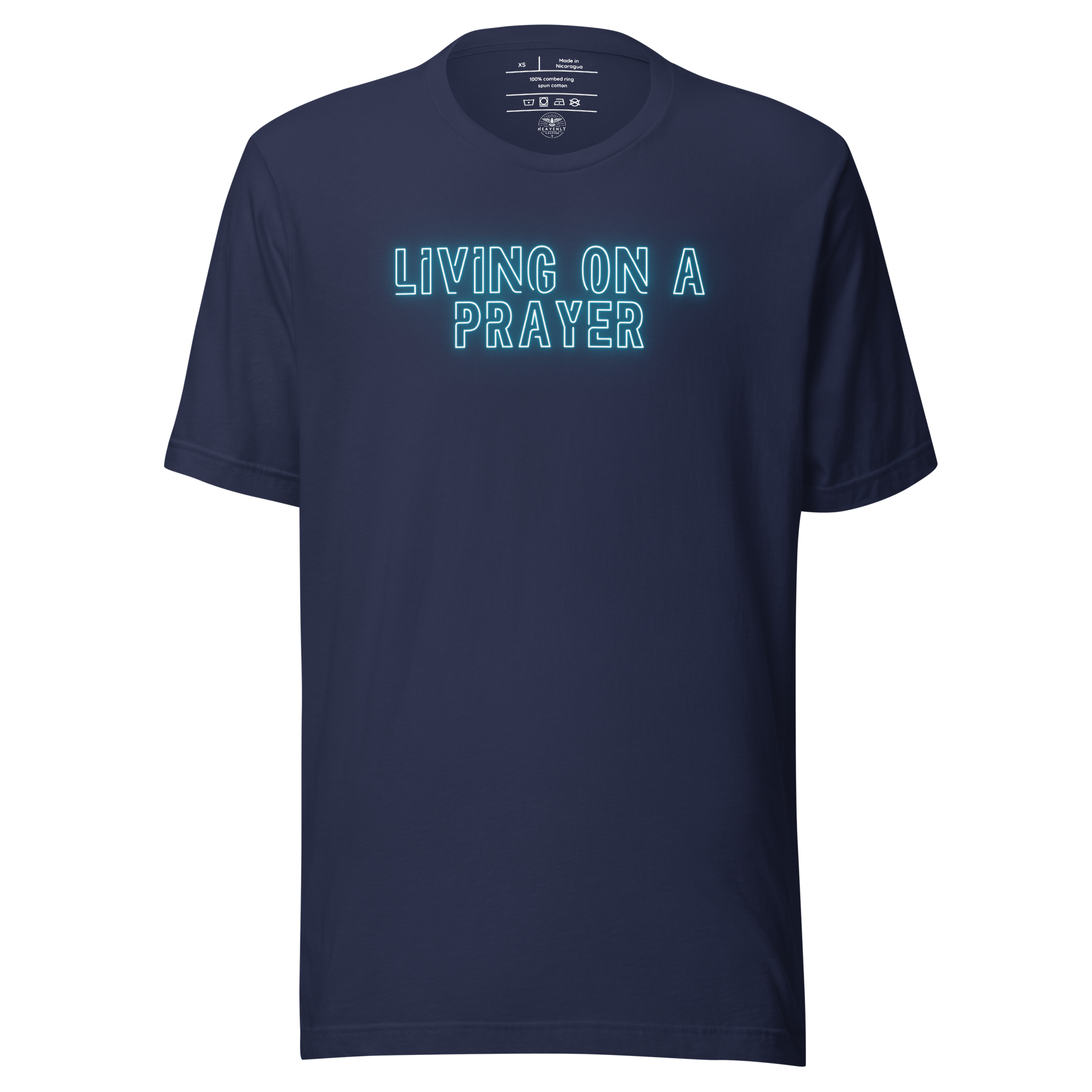 Main display mockup of 'Living on a Prayer' neon T-shirt in a shop setting, highlighted under soft lighting.