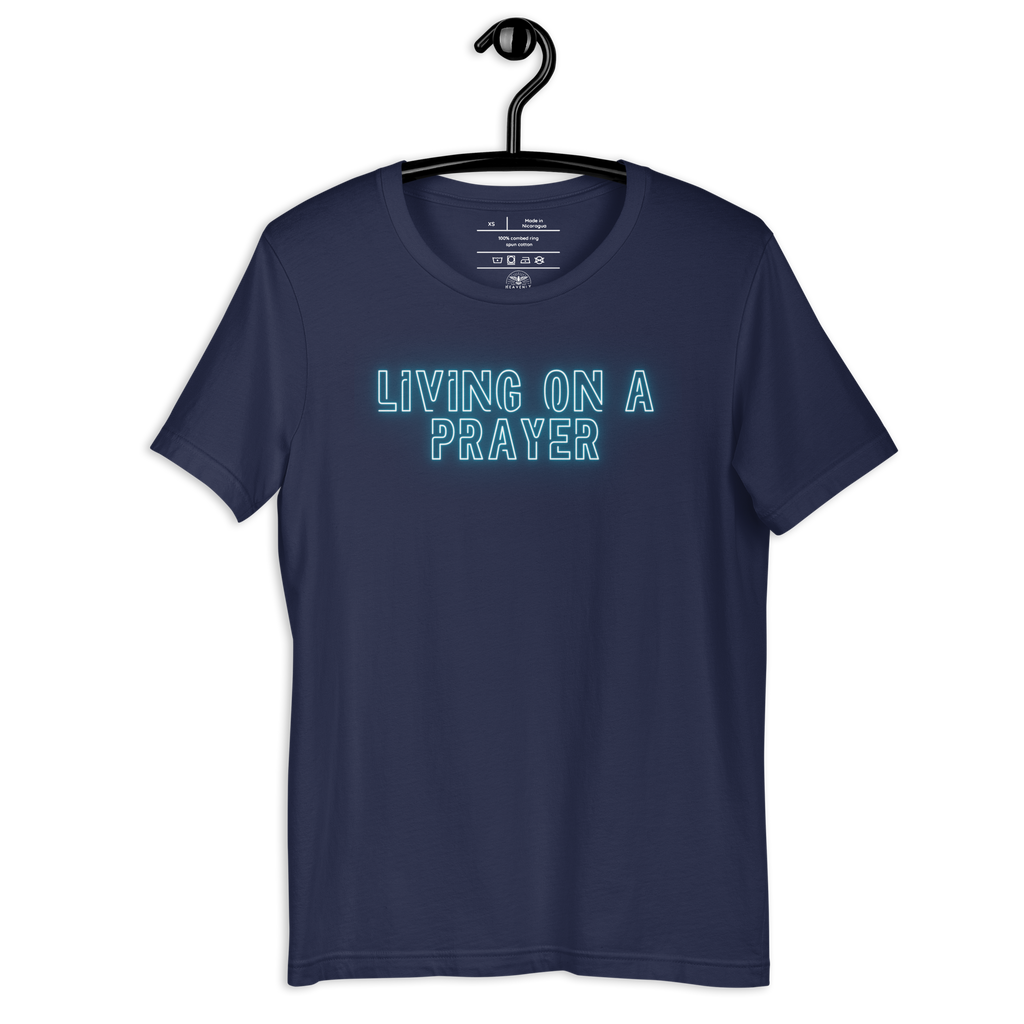 Back view of plain navy T-shirt on a wooden hanger.