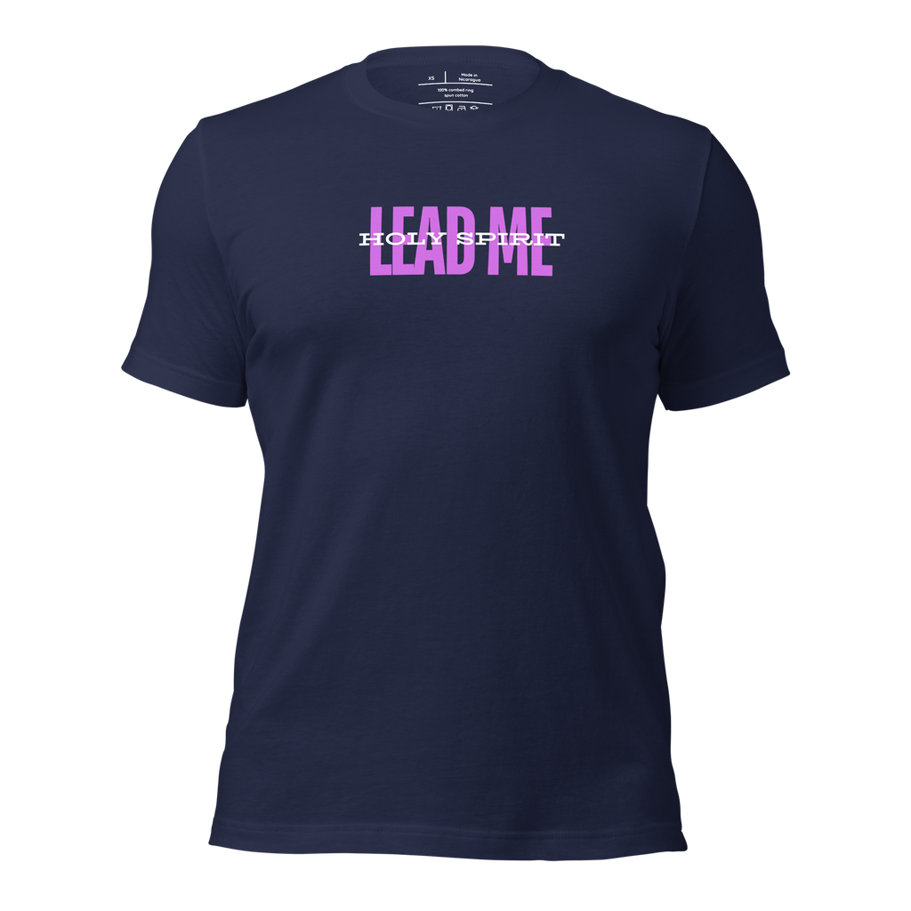 3D mockup of 'Holy Spirit Lead Me' T-shirt, navy color.