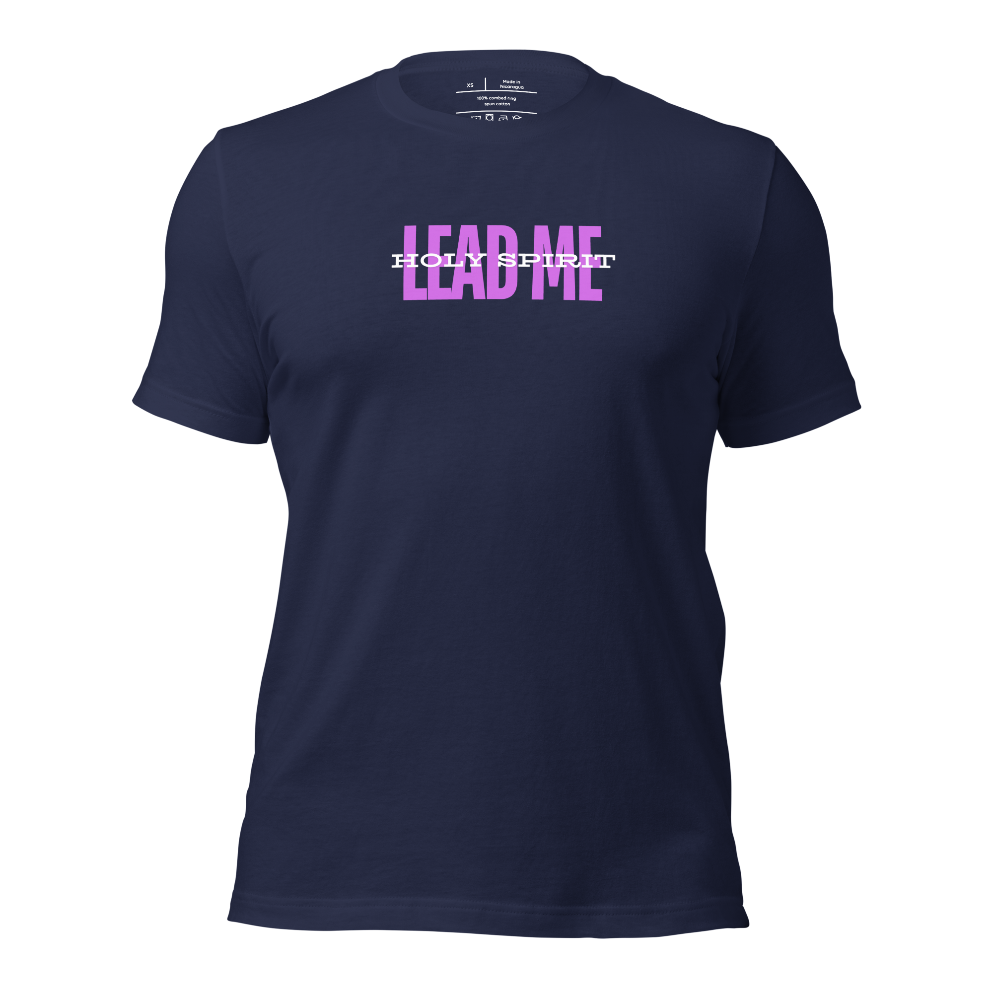 3D mockup of 'Holy Spirit Lead Me' T-shirt, navy color.