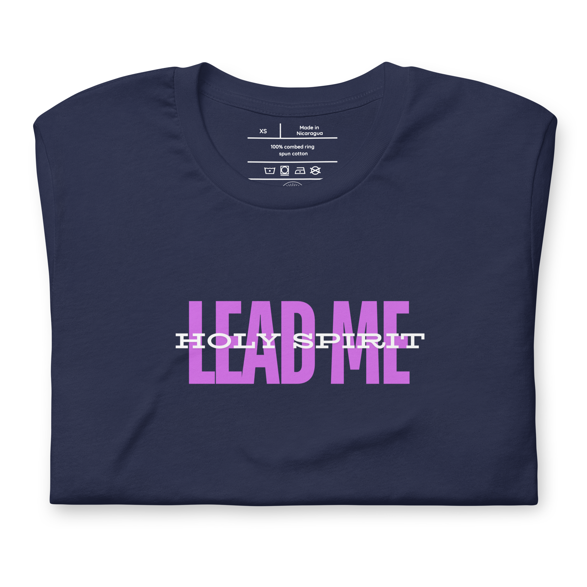 Folded navy T-shirt with 'Holy Spirit Lead Me' in white text.
