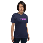 Model wearing the 'Holy Spirit Lead Me' navy T-shirt, three-quarter view.