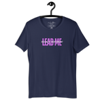 Front view of 'Holy Spirit Lead Me' T-shirt hanging on a wooden hanger.