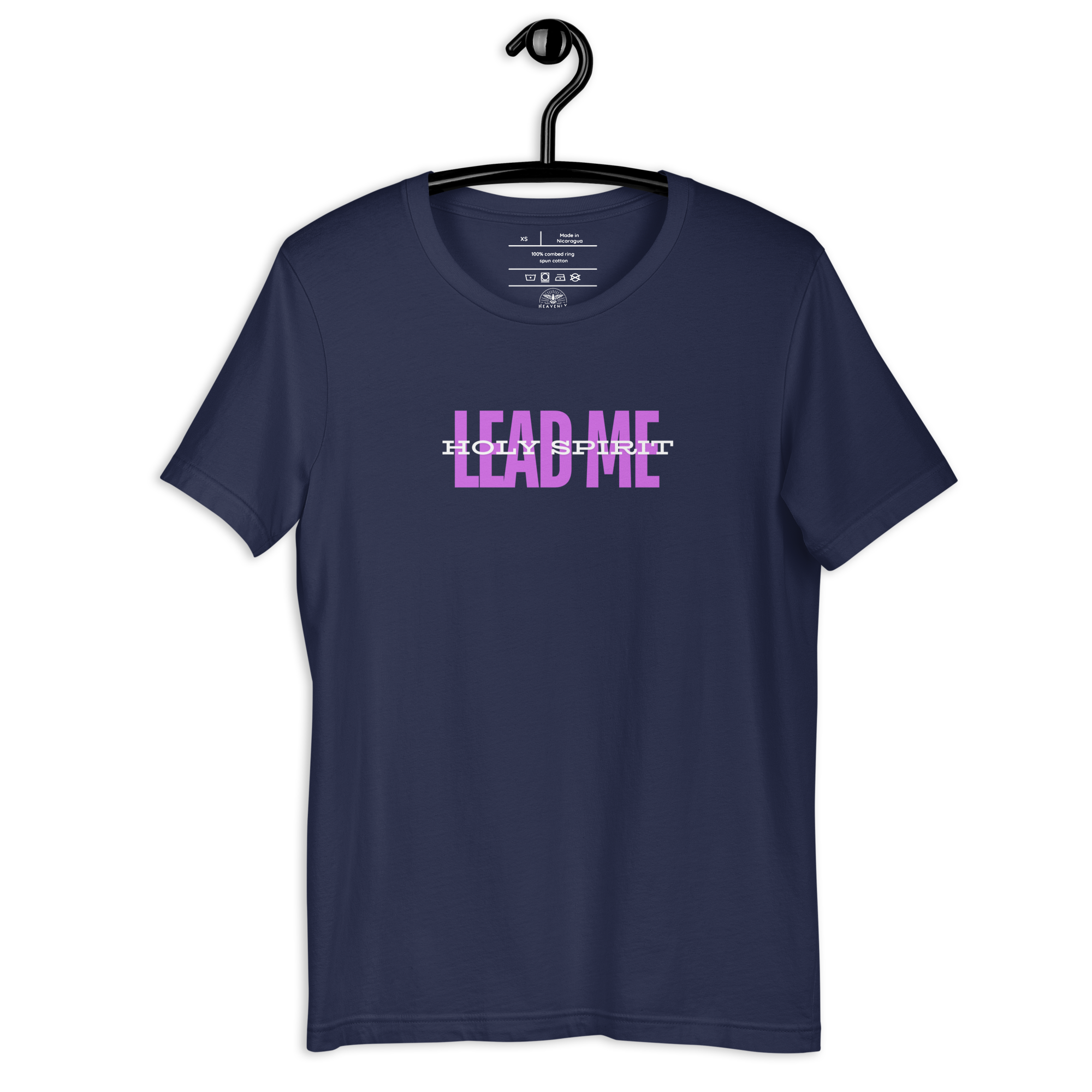 Front view of 'Holy Spirit Lead Me' T-shirt hanging on a wooden hanger.