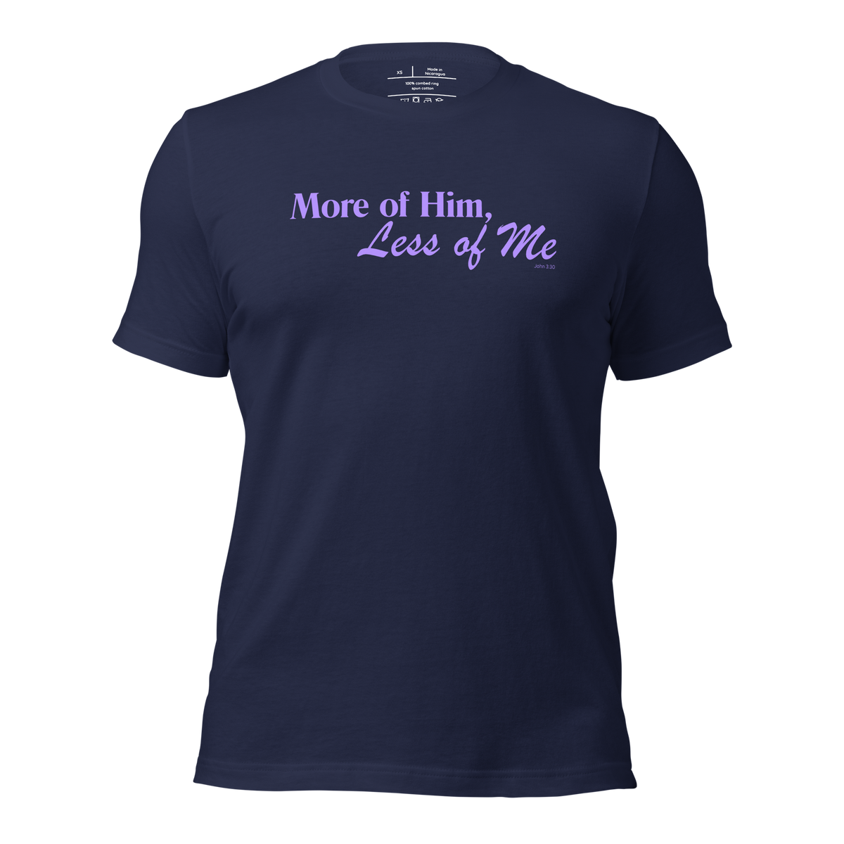 3D model of navy 'More of Him, Less of Me' T-shirt.