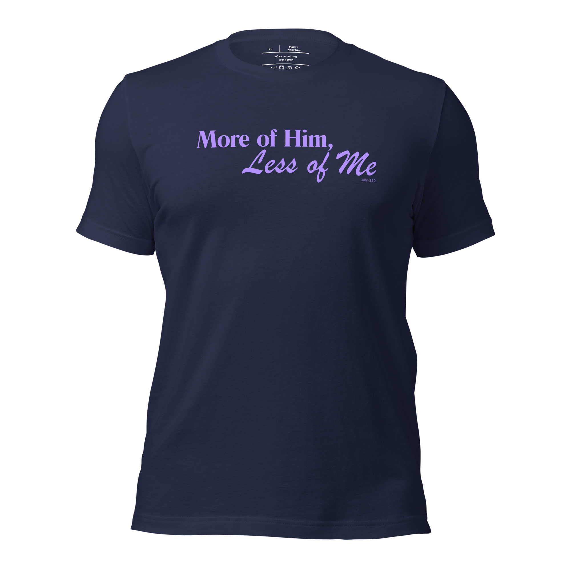 3D model of navy 'More of Him, Less of Me' T-shirt.