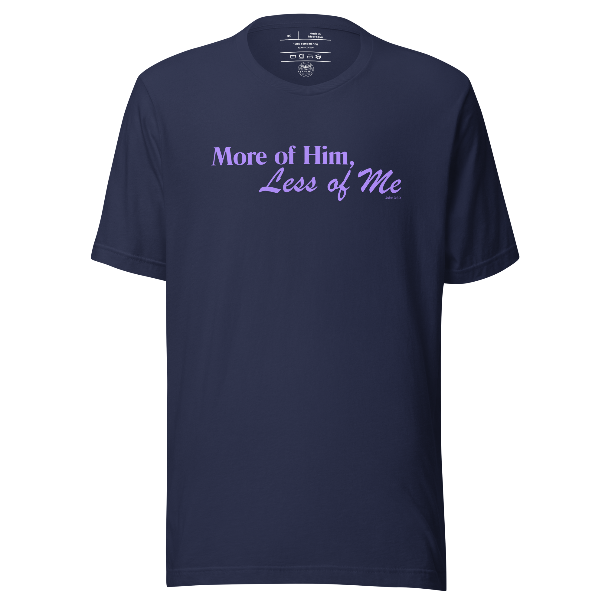 Navy 'More of Him, Less of Me' T-shirt displayed flat.