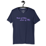 Navy 'More of Him, Less of Me' T-shirt hanging on a wooden hanger.