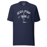 Front view of 'Jesus Paid It All' black T-shirt displayed on a flat surface.