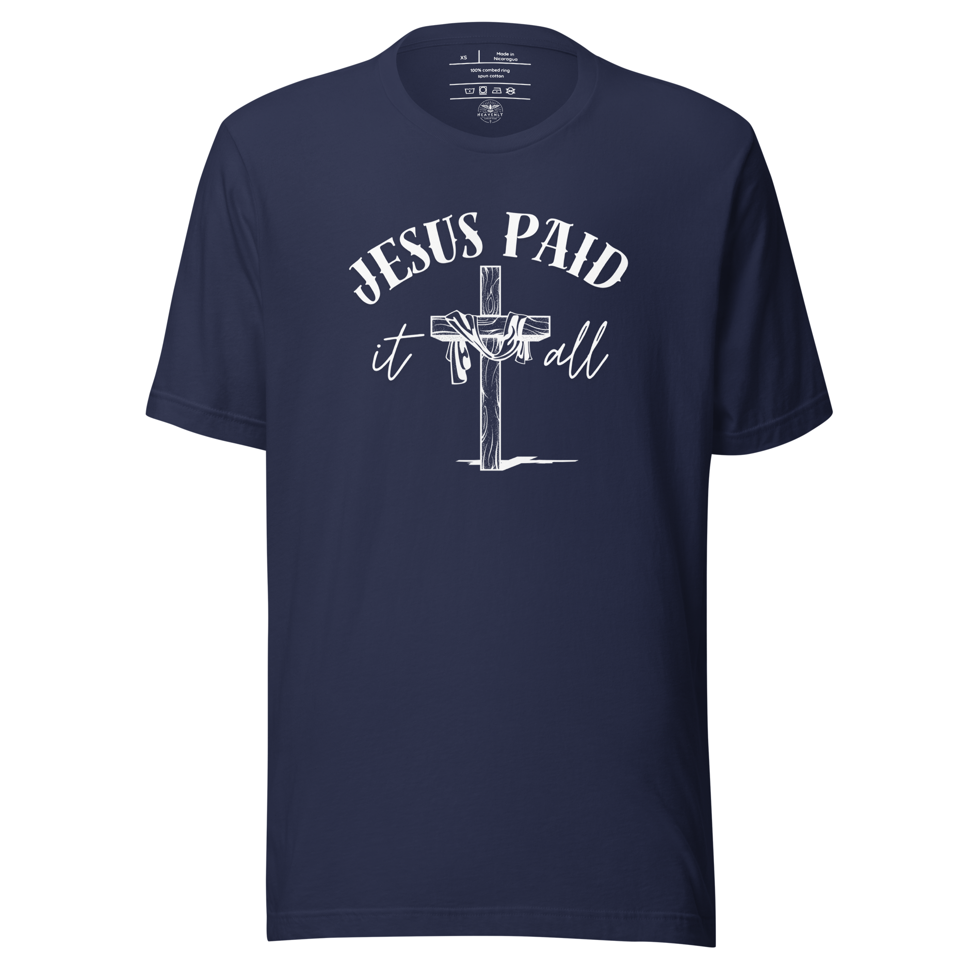Front view of 'Jesus Paid It All' black T-shirt displayed on a flat surface.