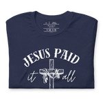Folded black T-shirt with 'Jesus Paid It All' in bold white letters.