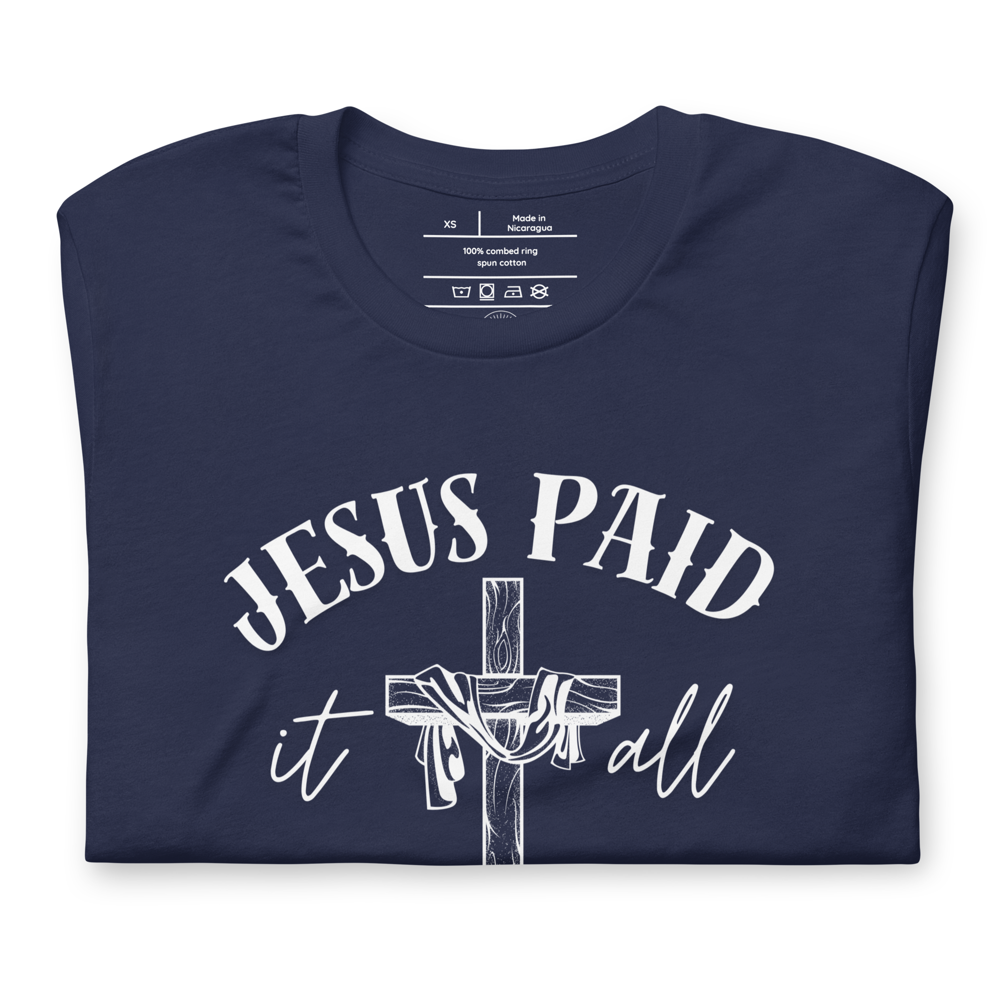 Folded black T-shirt with 'Jesus Paid It All' in bold white letters.