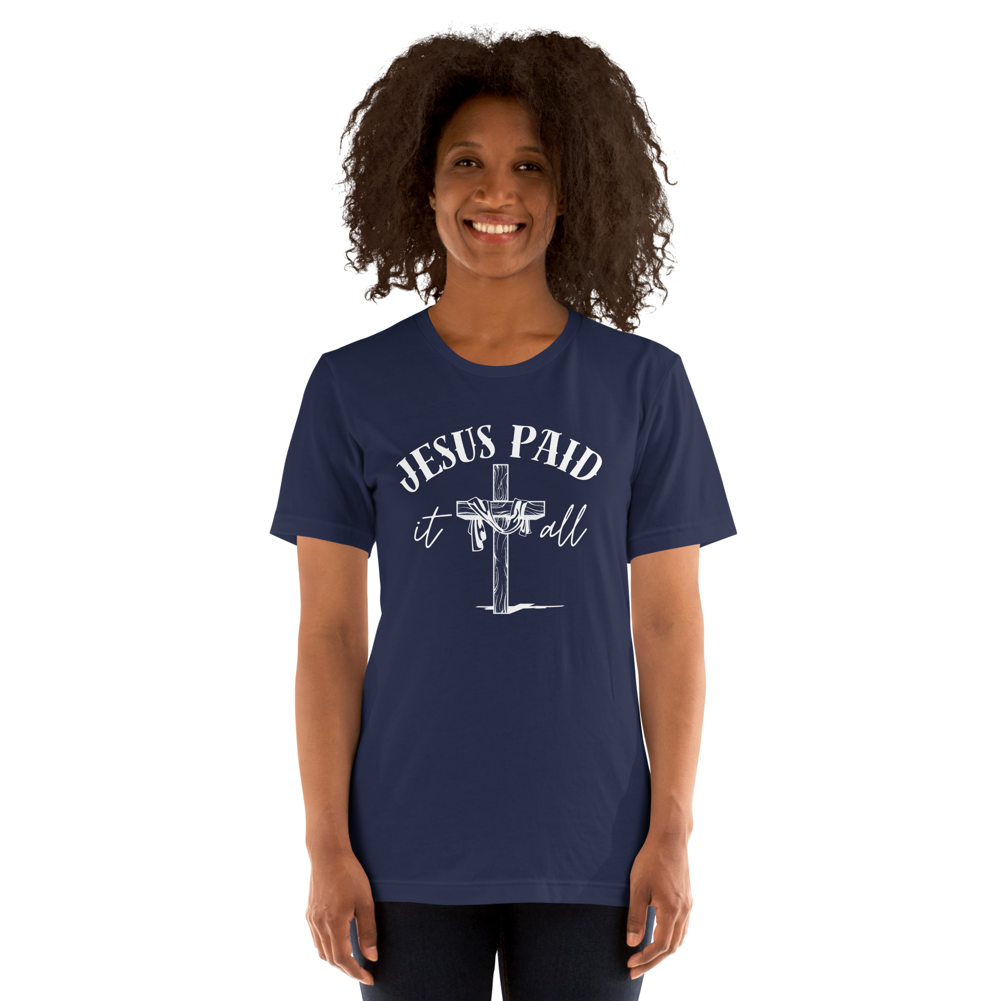 Model wearing 'Jesus Paid It All' black T-shirt, three-quarter view.