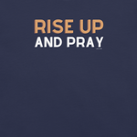Logo stamp inside 'Rise Up and Pray' T-shirt, showing brand and care details.