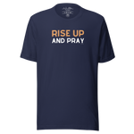 3D mockup of 'Rise Up and Pray' T-shirt, navy.