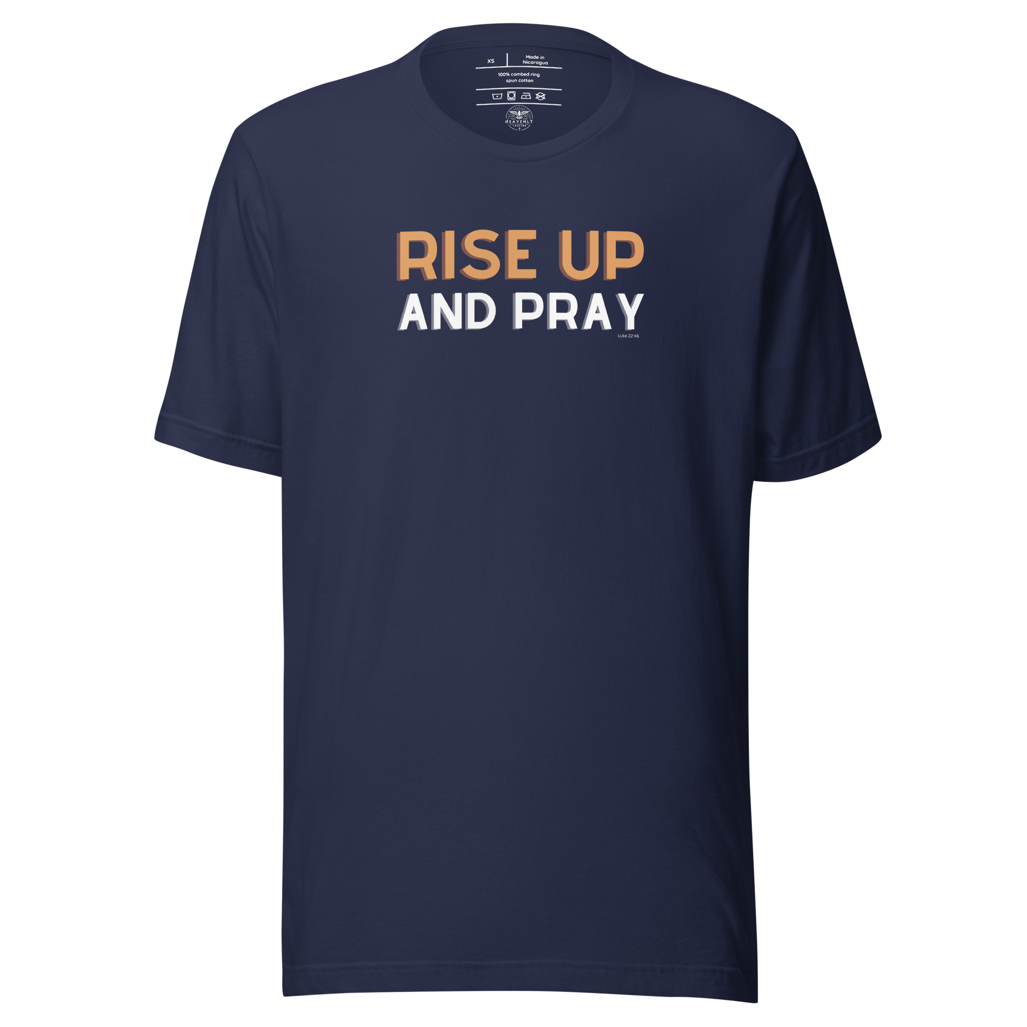 3D mockup of 'Rise Up and Pray' T-shirt, navy.