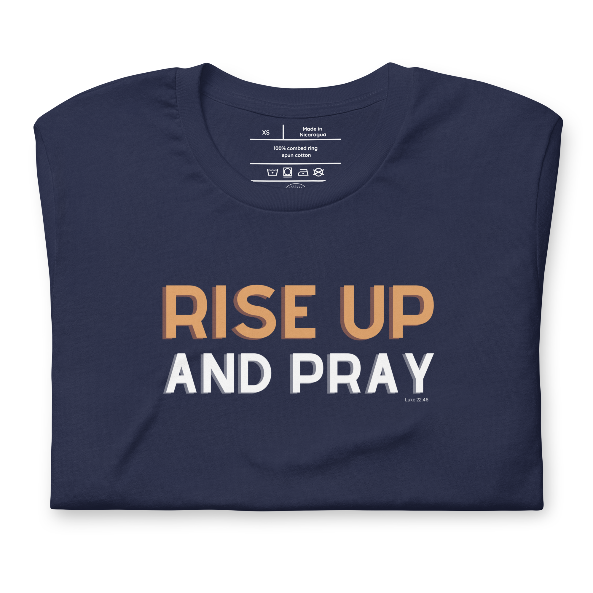 Folded navy T-shirt with 'Rise Up and Pray' in white script.