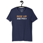 Back view of navy T-shirt on a hanger, plain.