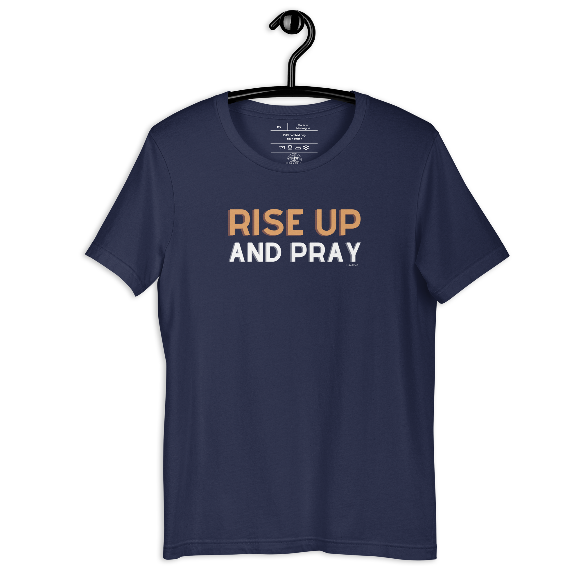 Back view of navy T-shirt on a hanger, plain.