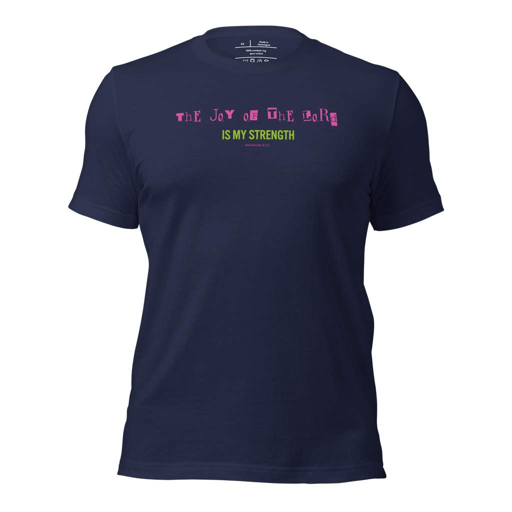 3D mockup of 'The Joy of the Lord is My Strength' T-shirt in navy.