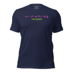 3D mockup of 'The Joy of the Lord is My Strength' T-shirt in navy.