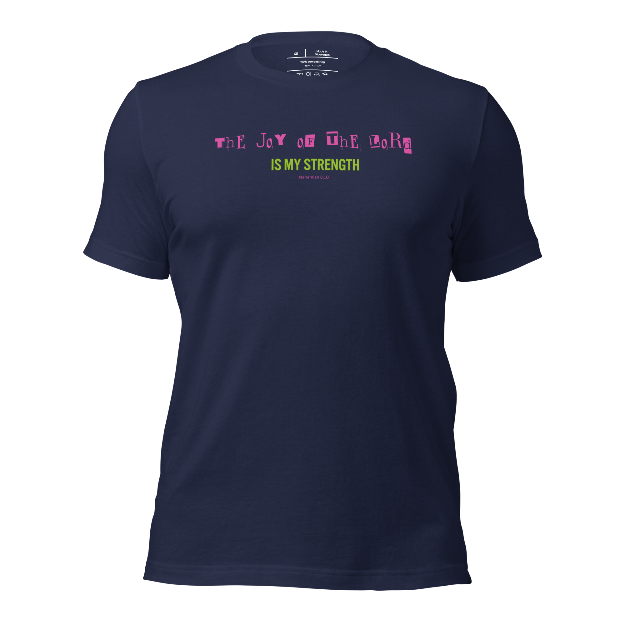 3D mockup of 'The Joy of the Lord is My Strength' T-shirt in navy.