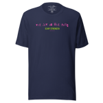 "Front view of 'The Joy of the Lord is My Strength' T-shirt on a navy background.