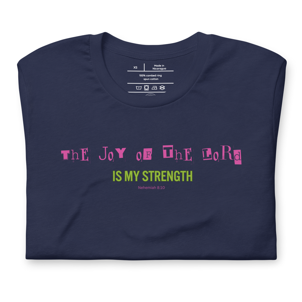 Back view of navy T-shirt, plain, on a flat surface.