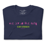 Back view of navy T-shirt, plain, on a flat surface.