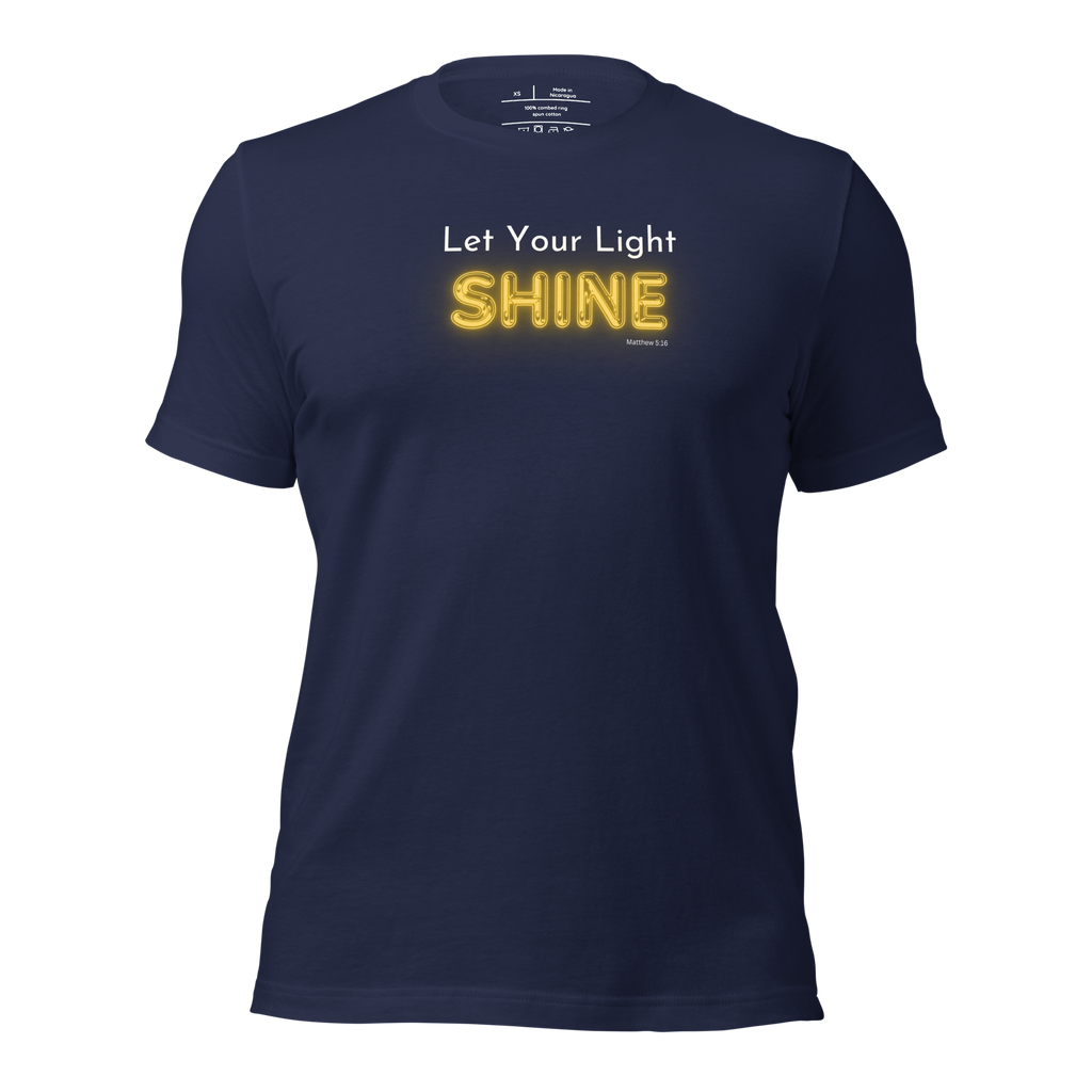 3D mockup of 'Let Your Light Shine' T-shirt, navy with glowing yellow text.
