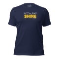 3D mockup of 'Let Your Light Shine' T-shirt, navy with glowing yellow text.