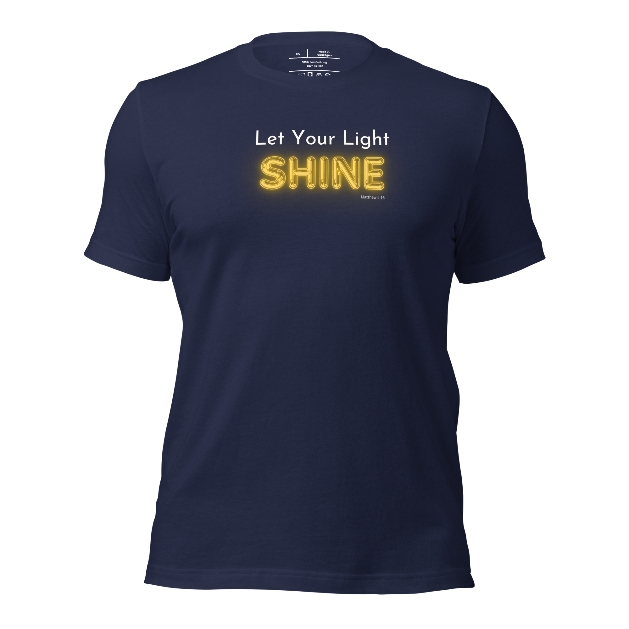 3D mockup of 'Let Your Light Shine' T-shirt, navy with glowing yellow text.