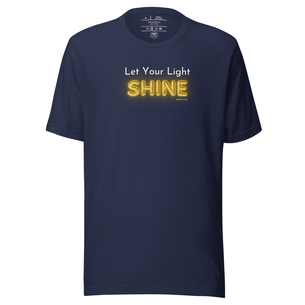 Folded navy blue T-shirt with 'Let Your Light Shine' in white and yellow script.