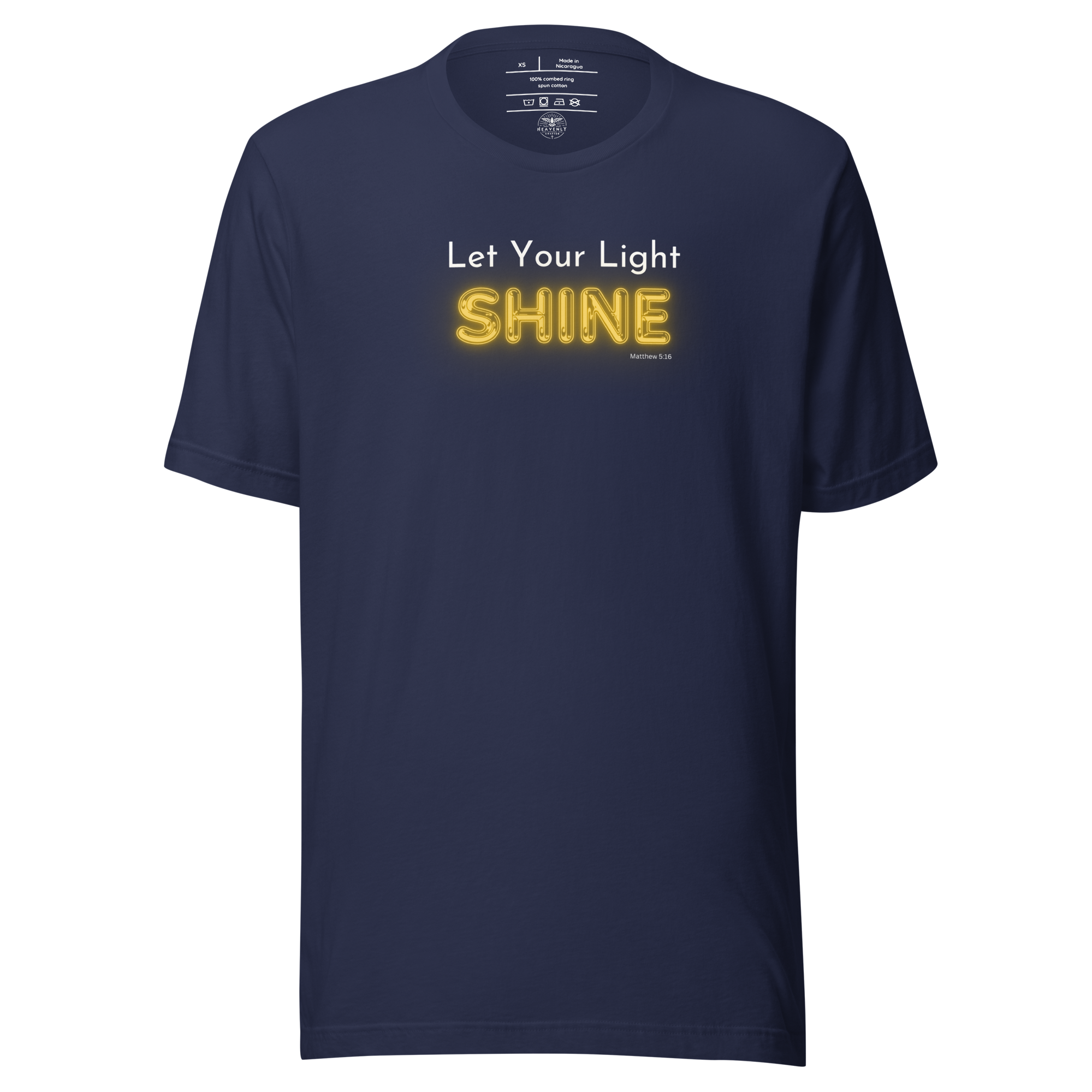 Folded navy blue T-shirt with 'Let Your Light Shine' in white and yellow script.