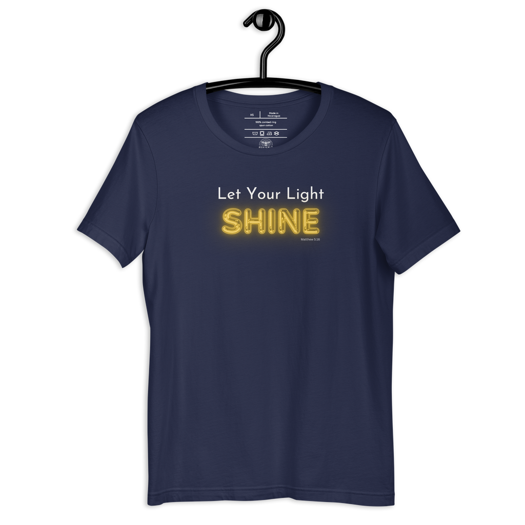 Navy blue 'Let Your Light Shine' T-shirt hanging on a wooden hanger.