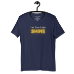 Navy blue 'Let Your Light Shine' T-shirt hanging on a wooden hanger.