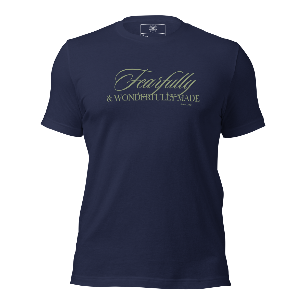 3D mockup of 'Wonderfully Made' T-shirt in Navy with gold script text.