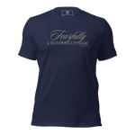 3D mockup of 'Wonderfully Made' T-shirt in Navy with gold script text.
