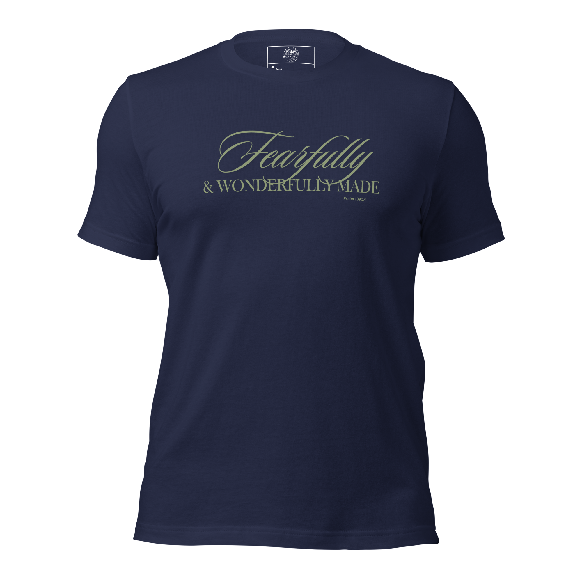 3D mockup of 'Wonderfully Made' T-shirt in Navy with gold script text.