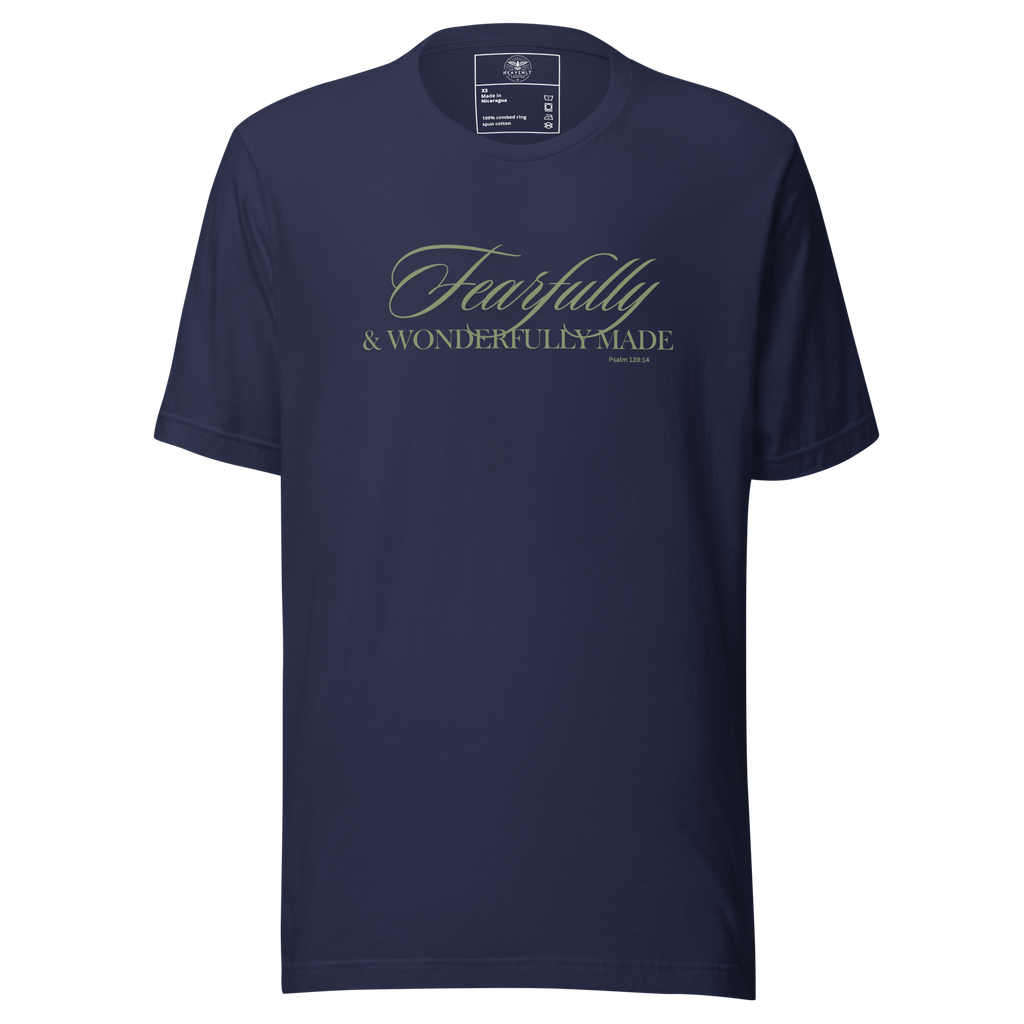 Front view of Navy 'Wonderfully Made' T-shirt showing gold text.