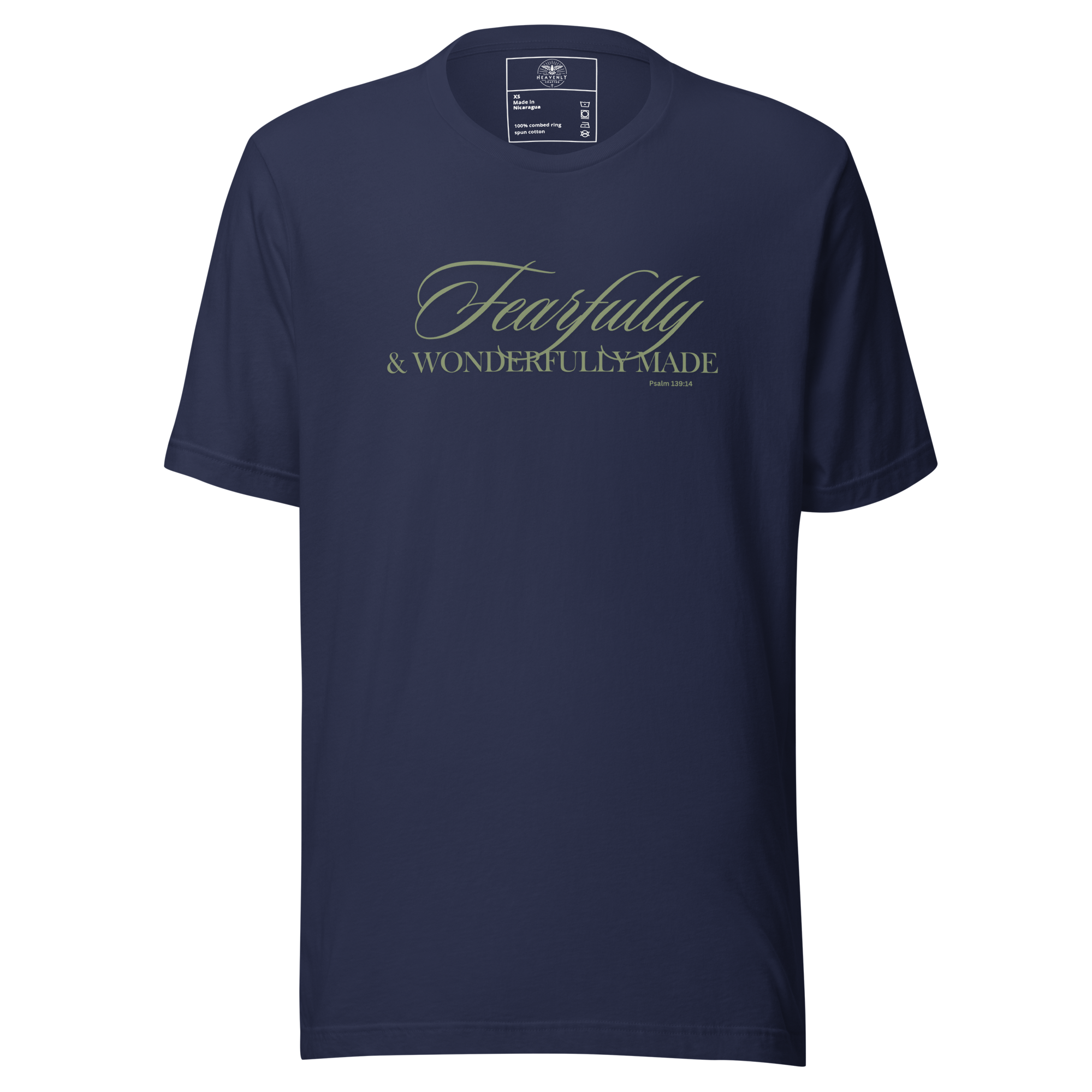 Front view of Navy 'Wonderfully Made' T-shirt showing gold text.