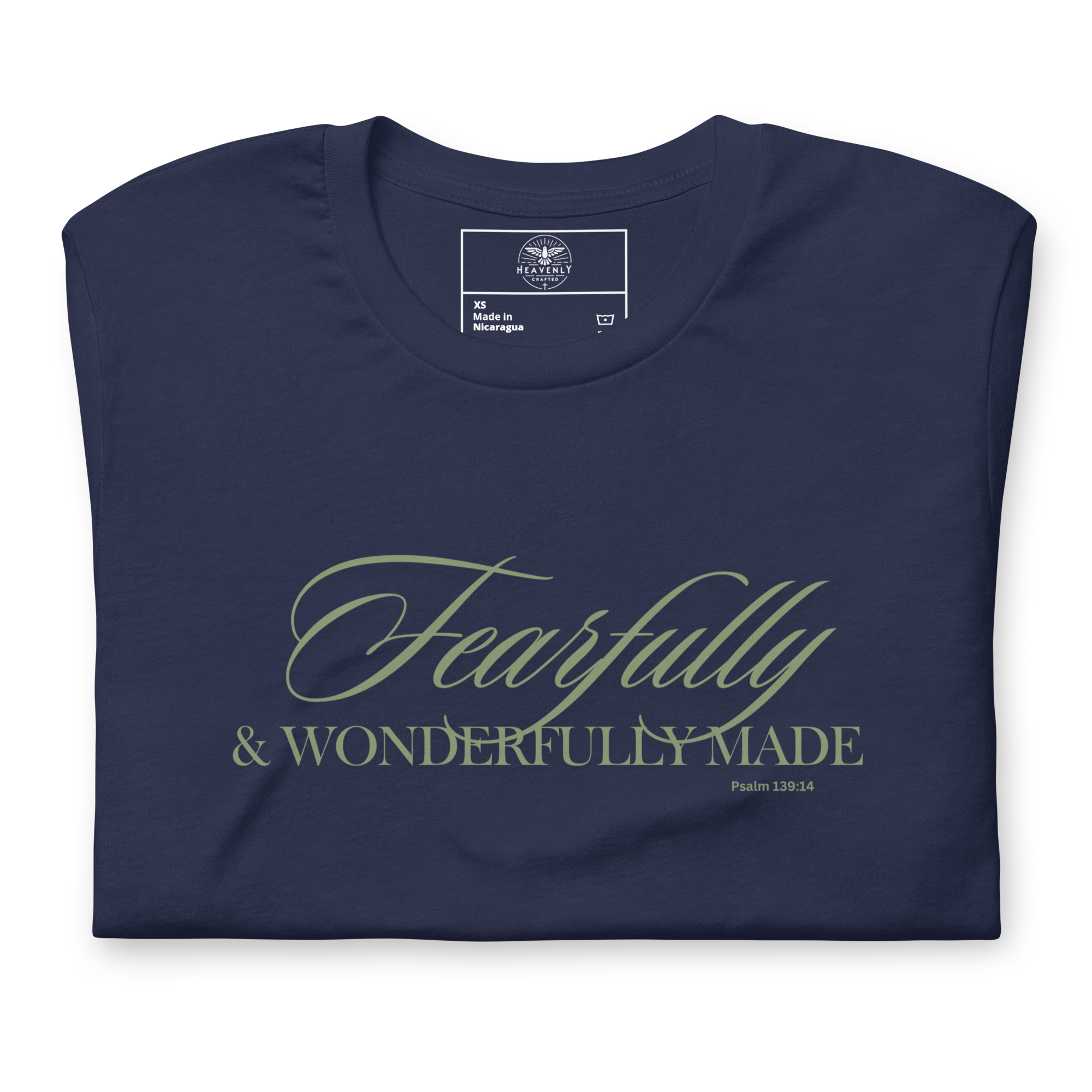 Folded Navy T-shirt with 'Faithfully and Wonderfully Made' in gold script