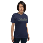Model wearing the 'Wonderfully Made' T-shirt in Navy, three-quarter view. Female