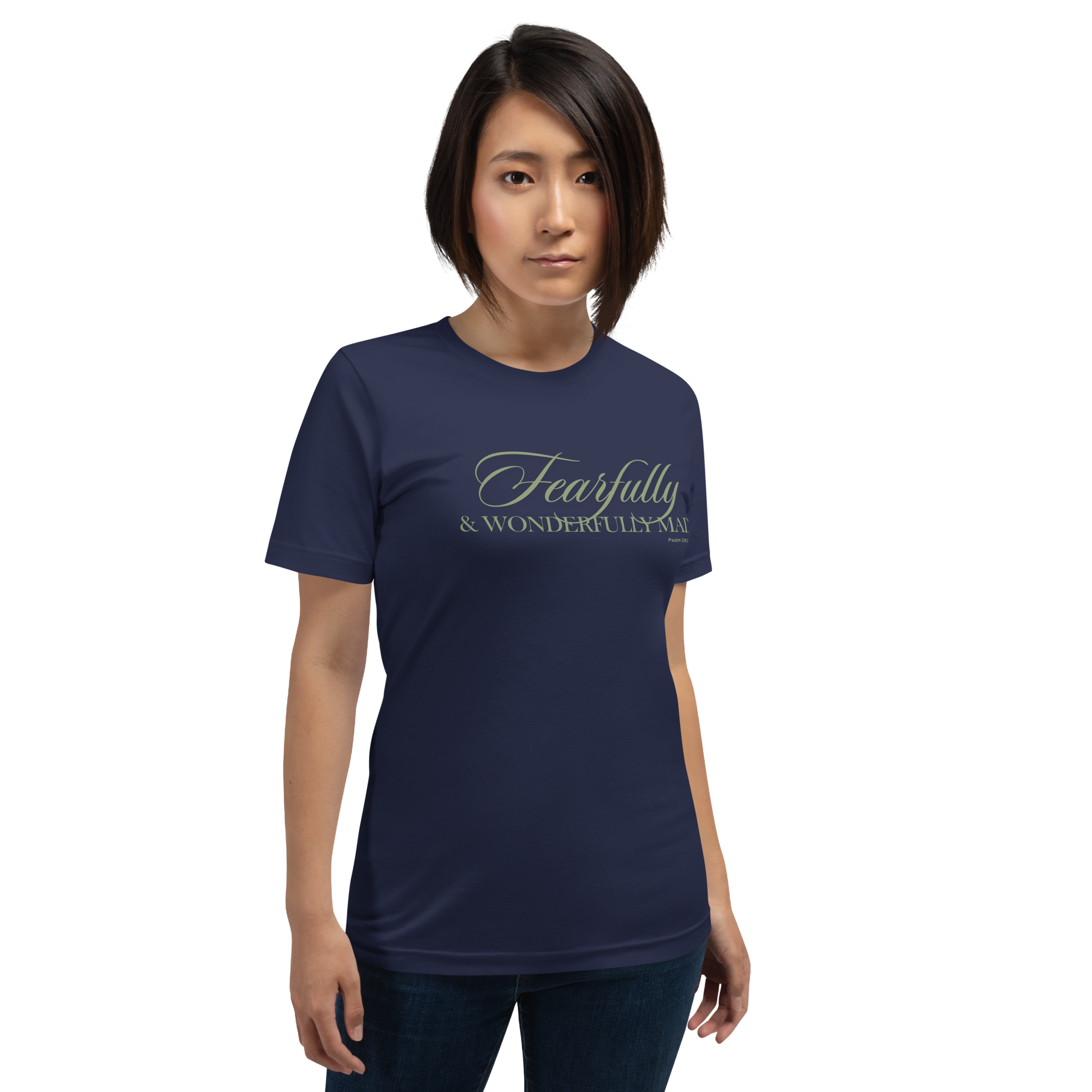 Model wearing the 'Wonderfully Made' T-shirt in Navy, three-quarter view. Female