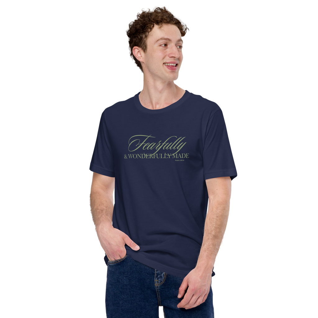 Model wearing the 'Wonderfully Made' T-shirt in Navy, three-quarter view. Male